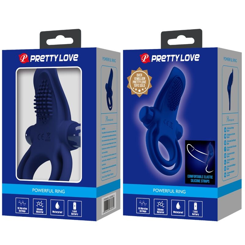 Anillo doble vibrador azul de la marca PRETTY LOVE MALE, diseñado para estimulación y placer masculino.