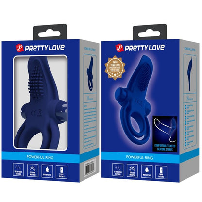 Anillo doble vibrador azul de la marca PRETTY LOVE MALE, diseñado para estimulación y placer masculino.