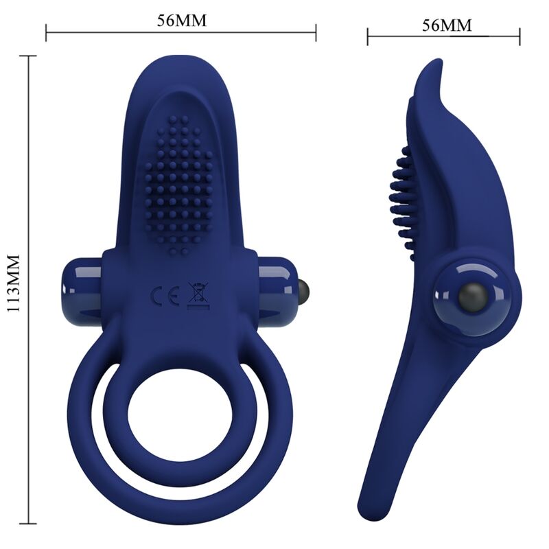 Anillo doble vibrador azul de la marca PRETTY LOVE MALE, con diseño ergonómico y textura suave para placer íntimo.