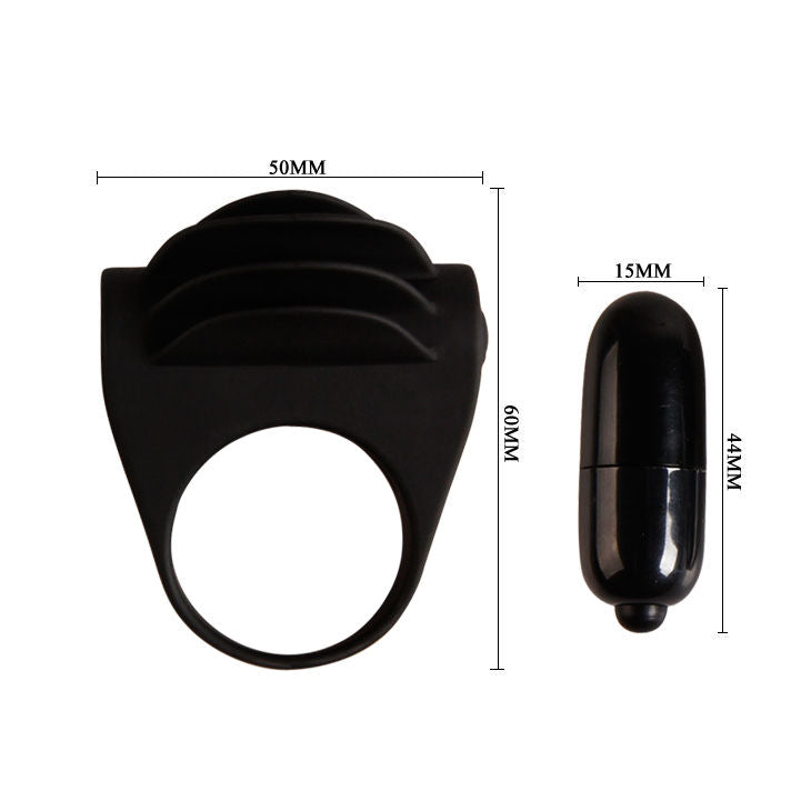 Anillo vibrador negro de la marca PRETTY LOVE MALE, con diseño ergonómico y textura para estimulación.