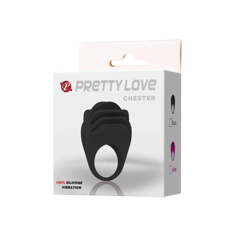 Anillo vibrador negro de la marca PRETTY LOVE MALE, diseñado para placer y estimulación, con un acabado suave y ergonómico.