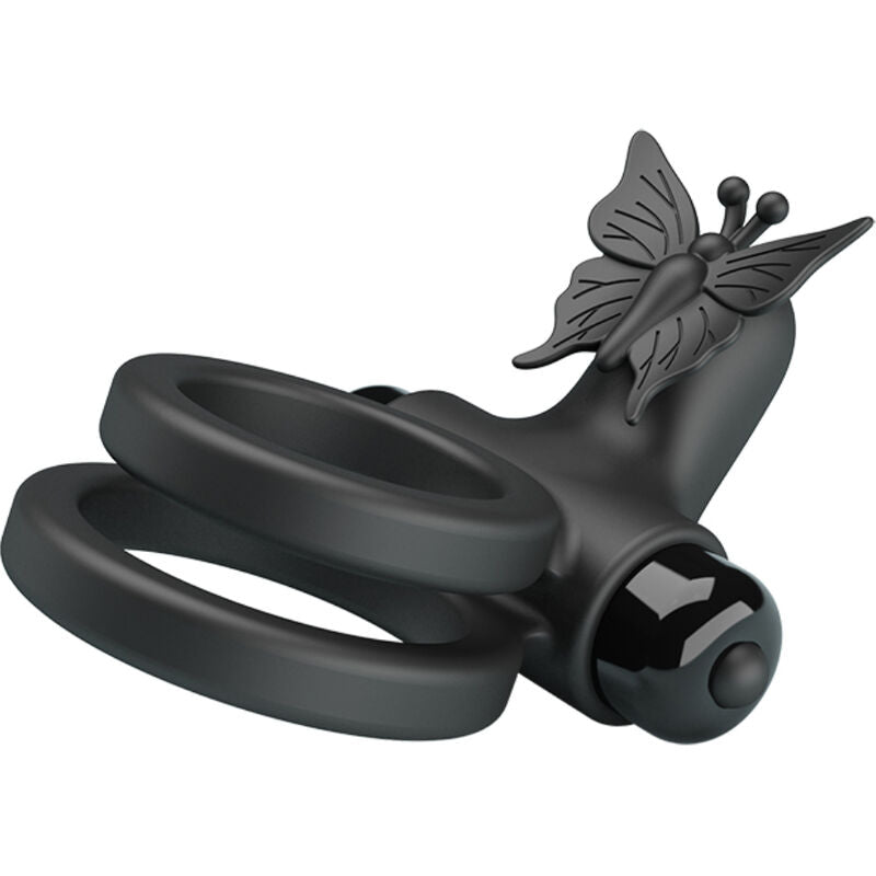 Anillo vibrador doble con estimulador negro de la marca PRETTY LOVE MALE, diseñado para placer y estimulación íntima.