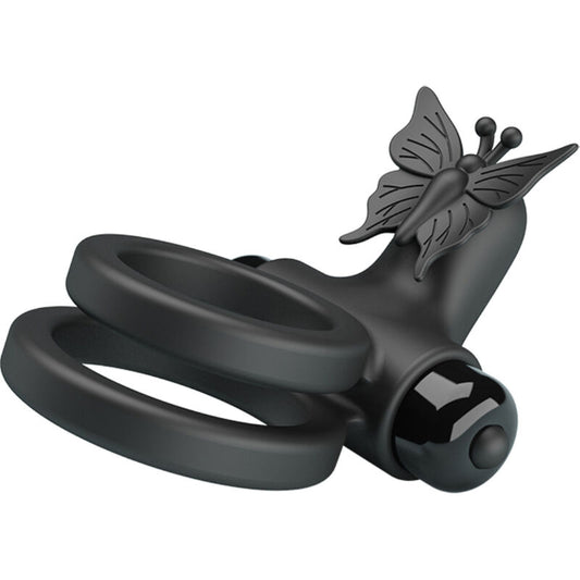 Anillo vibrador doble con estimulador negro de la marca PRETTY LOVE MALE, diseñado para placer y estimulación íntima.