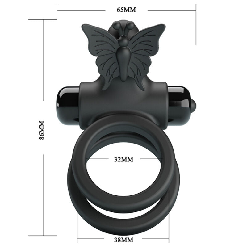 Anillo vibrador doble con estimulador negro de la marca PRETTY LOVE MALE, mostrado en primer plano sobre fondo neutro.