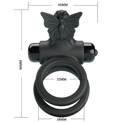 Anillo vibrador doble con estimulador negro de la marca PRETTY LOVE MALE, mostrado en primer plano sobre fondo neutro.