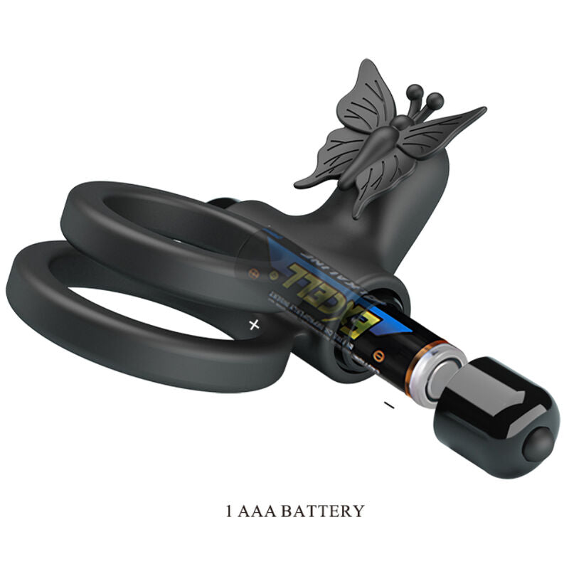 Anillo vibrador doble negro de la marca PRETTY LOVE MALE con estimulador, diseñado para placer y estimulación íntima.