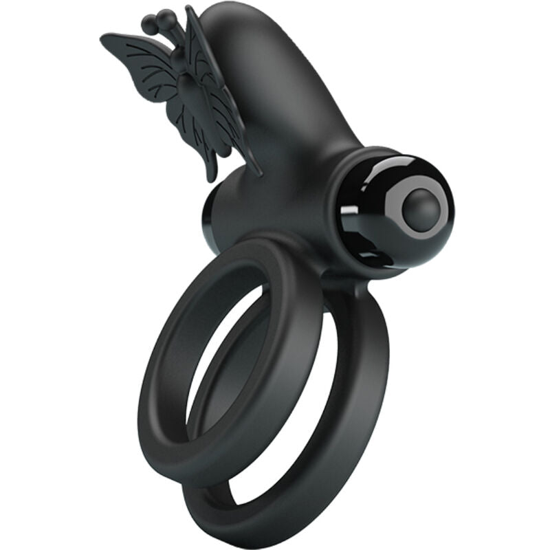 Anillo vibrador doble negro de la marca PRETTY LOVE MALE con estimulador, diseñado para placer y estimulación íntima.