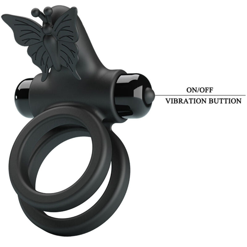 Anillo vibrador doble con estimulador negro de la marca Pretty Love Male, diseñado para placer y estimulación íntima.