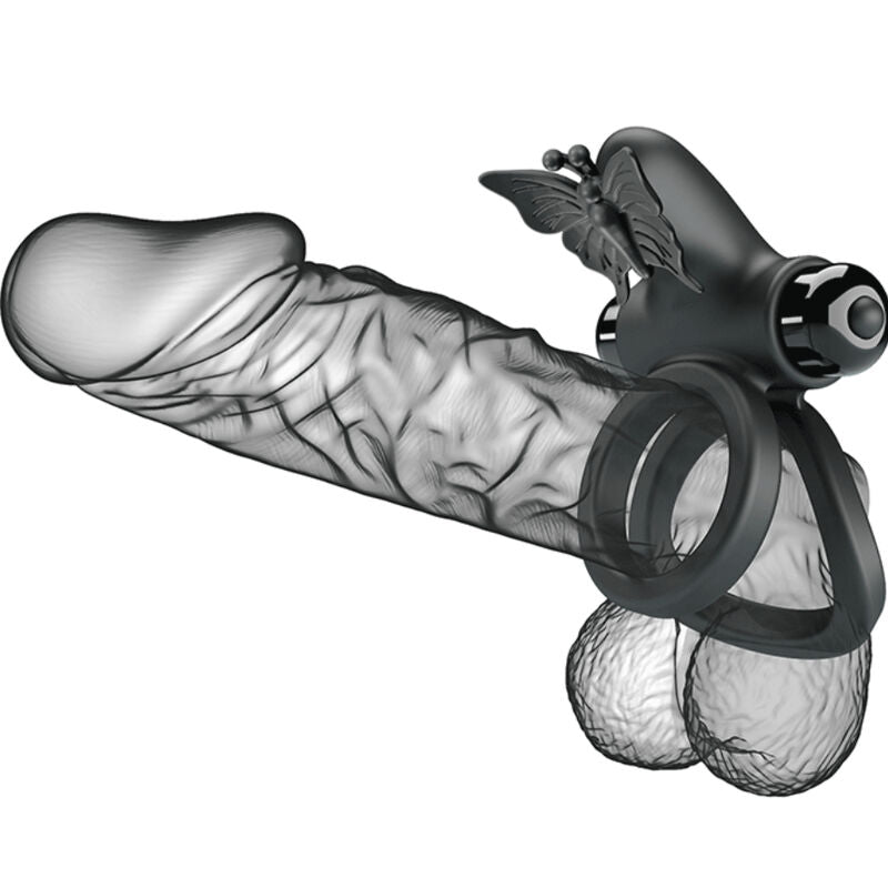 Anillo vibrador doble con estimulador negro de la marca PRETTY LOVE MALE, diseñado para placer y estimulación.