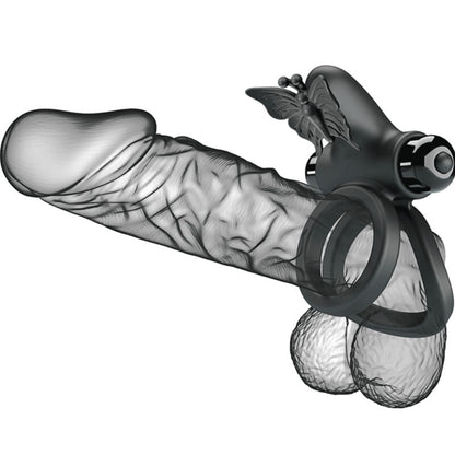 Anillo vibrador doble con estimulador negro de la marca PRETTY LOVE MALE, diseñado para placer y estimulación.