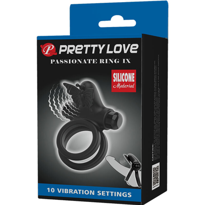 Anillo vibrador doble con estimulador negro de la marca PRETTY LOVE MALE, con detalles y diseño ergonómico visible en la imagen.