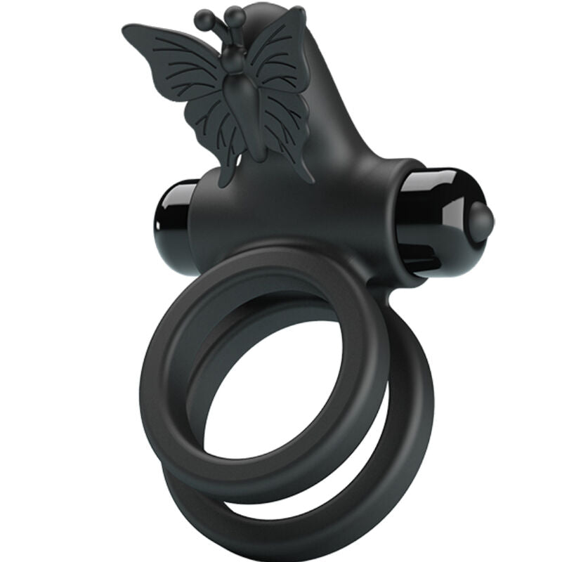 Anillo vibrador doble con estimulador negro de la marca PRETTY LOVE MALE, diseñado para placer y estimulación.