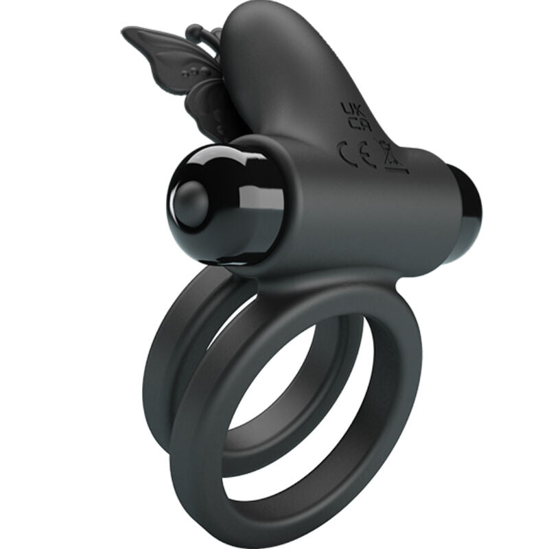 Anillo vibrador doble con estimulador negro de la marca PRETTY LOVE MALE, diseñado para placer y estimulación.