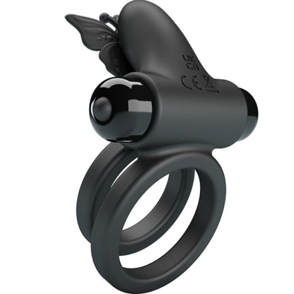 Anillo vibrador doble con estimulador negro de la marca PRETTY LOVE MALE, diseñado para placer y estimulación.