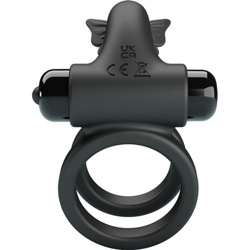 Anillo vibrador doble con estimulador negro de la marca PRETTY LOVE MALE, diseñado para placer y estimulación.