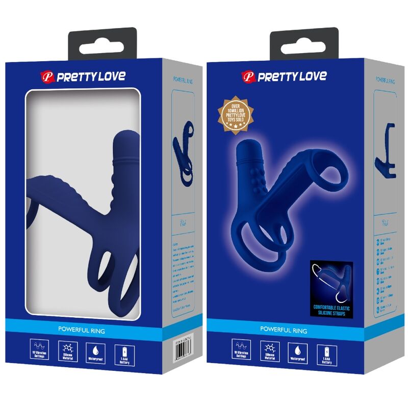Anillo vibrador azul PRETTY LOVE ELISH con extensión, diseñado para placer masculino, en un acabado azul brillante.