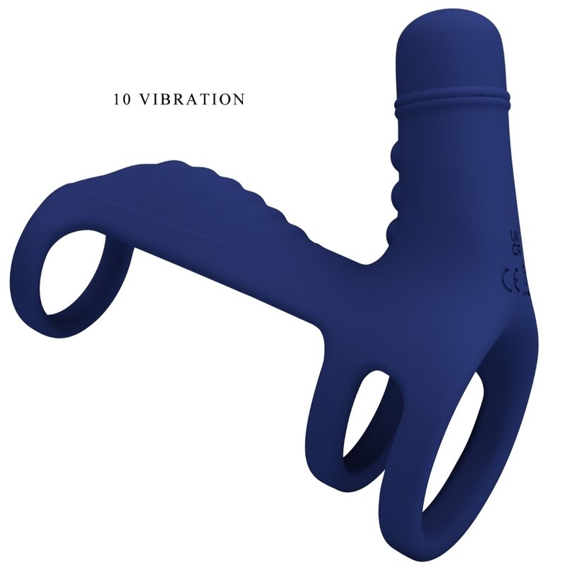 Anillo vibrador PRETTY LOVE ELISH con extensión azul, diseñado para placer masculino, en color azul y con detalles en el exterior.