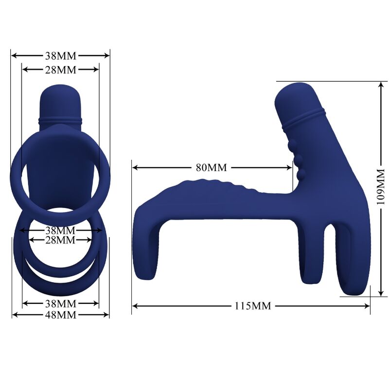 Anillo vibrador azul PRETTY LOVE ELISH con extensión, diseñado para placer masculino, en un fondo blanco.