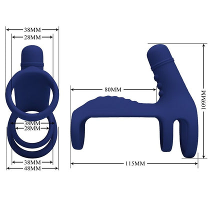 Anillo vibrador azul PRETTY LOVE ELISH con extensión, diseñado para placer masculino, en un fondo blanco.