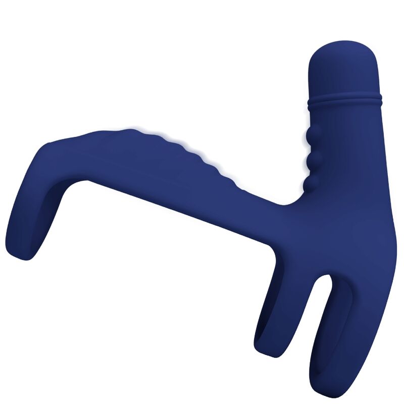 Anillo vibrador PRETTY LOVE Elish con extensión azul, diseñado para placer masculino, en un entorno blanco con fondo neutro.