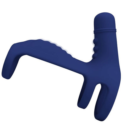 Anillo vibrador PRETTY LOVE Elish con extensión azul, diseñado para placer masculino, en un entorno blanco con fondo neutro.