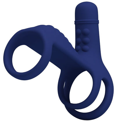 Anillo vibrador azul PRETTY LOVE ELISH con extensión, diseñado para estimulación masculina, en un fondo neutro.