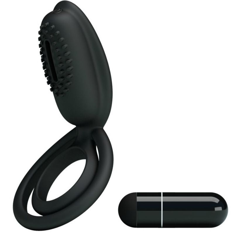 Anillo vibrador PRETTY LOVE Esther con estimulador, diseñado para placer masculino, en color negro y textura suave.