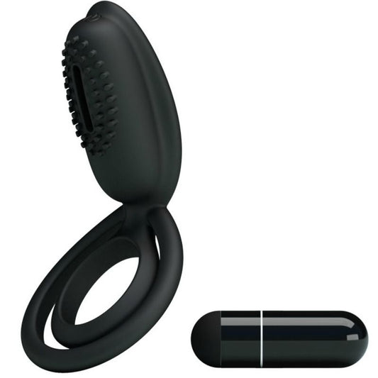 Anillo vibrador PRETTY LOVE Esther con estimulador, diseñado para placer masculino, en color negro y textura suave.