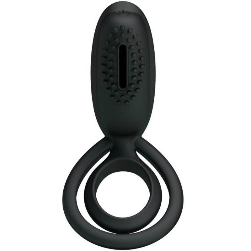 Anillo vibrador Pretty Love Esther con estimulador, diseñado para placer masculino, en colores y texturas suaves.