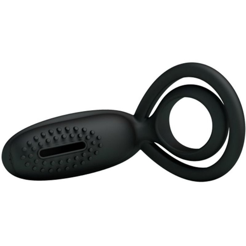 Anillo vibrador PRETTY LOVE Esther con estimulador, diseñado para placer masculino, en color negro y compacto.