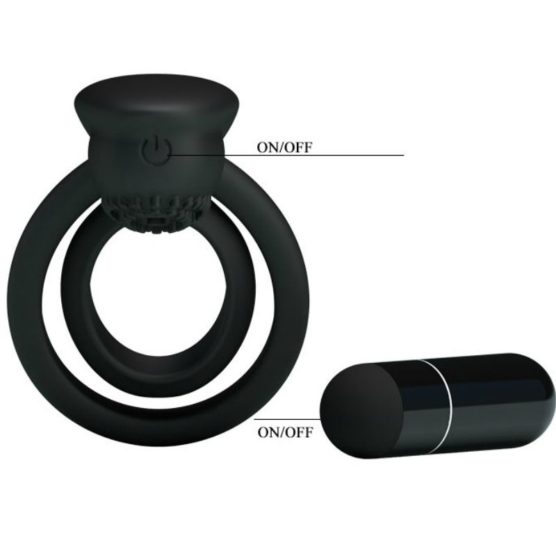 Anillo vibrador PRETTY LOVE ESTHER con estimulador, en color negro, diseñado para uso íntimo y placer personal.