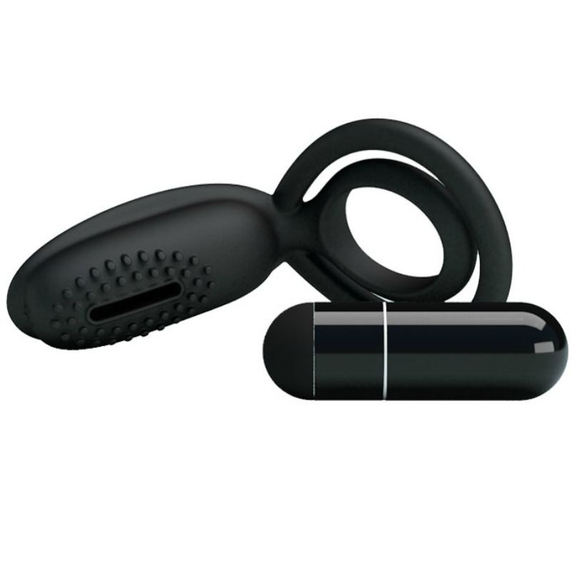 Anillo vibrador PRETTY LOVE Esther con estimulador, diseñado para placer masculino, en color negro con detalles ergonómicos.
