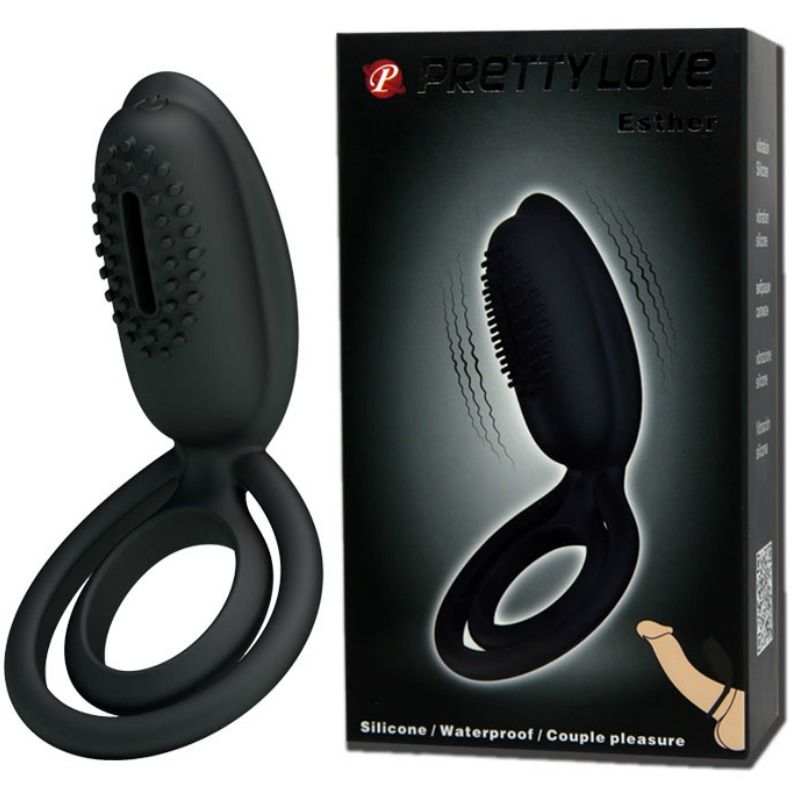 Anillo vibrador PRETTY LOVE ESTHER con estimulador, de color negro, diseñado para placer y estimulación íntima masculina.