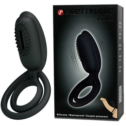 Anillo vibrador PRETTY LOVE ESTHER con estimulador, de color negro, diseñado para placer y estimulación íntima masculina.