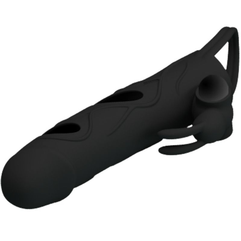 Funda de silicona con vibración de 14 cm de la marca Pretty Love Male, muestra detalles de la textura y botón de control.