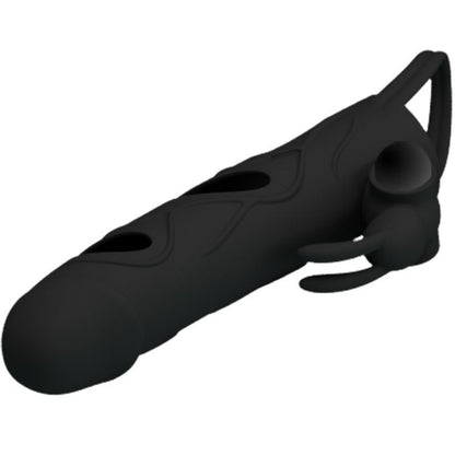 Funda de silicona con vibración de 14 cm de la marca Pretty Love Male, muestra detalles de la textura y botón de control.
