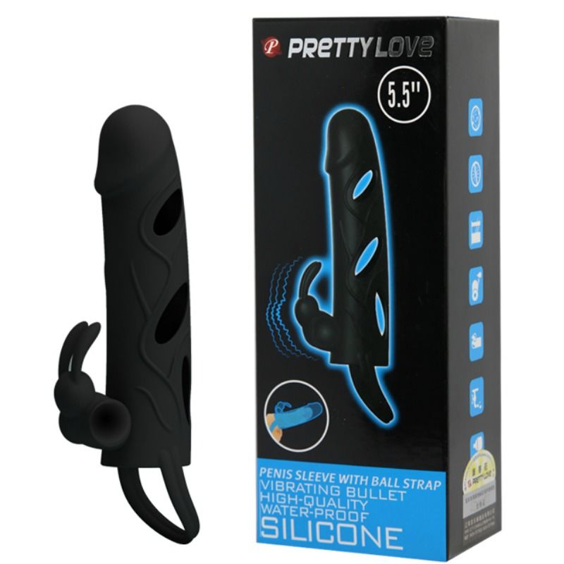Funda de silicona con vibración de 14 cm de la marca PRETTY LOVE MALE, diseñada para estimulación y placer.