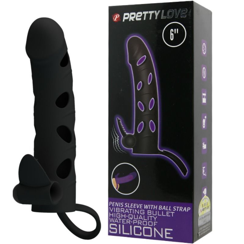 Funda de silicona con vibración de 15.2 cm de la marca Pretty Love Male, muestra detalles de la textura y el vibrador.