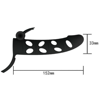 Funda de silicona con vibración de 15.2 cm de la marca PRETTY LOVE MALE, muestra la superficie suave y detalles de la vibración.