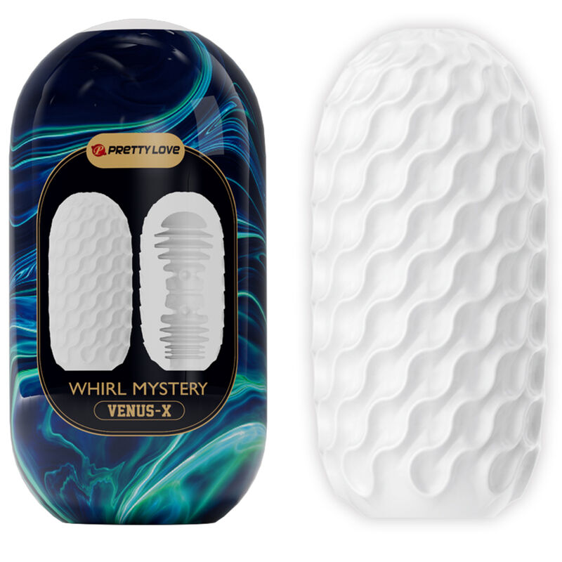 Huevo masturbador Pretty Love Whirl Mystery Venus, con textura interior para placer, en color rosa, para uso masculino.