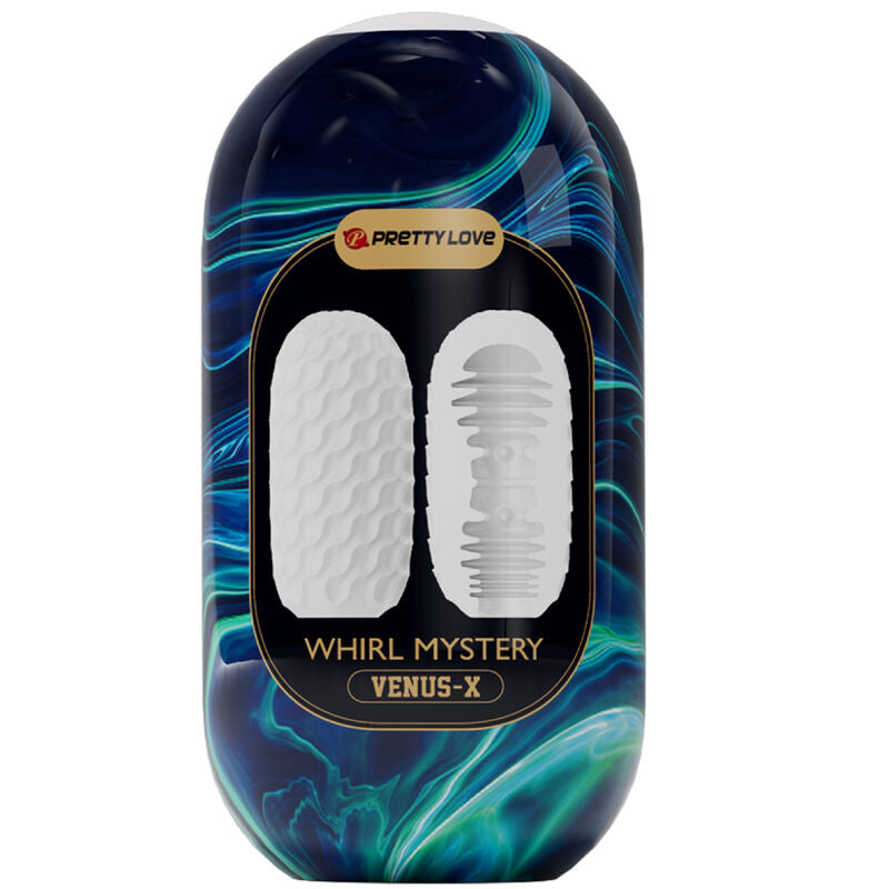 Huevo masturbador Pretty Love Whirl Mystery Venus, con textura y diseño realista para placer masculino, en color vibrante.