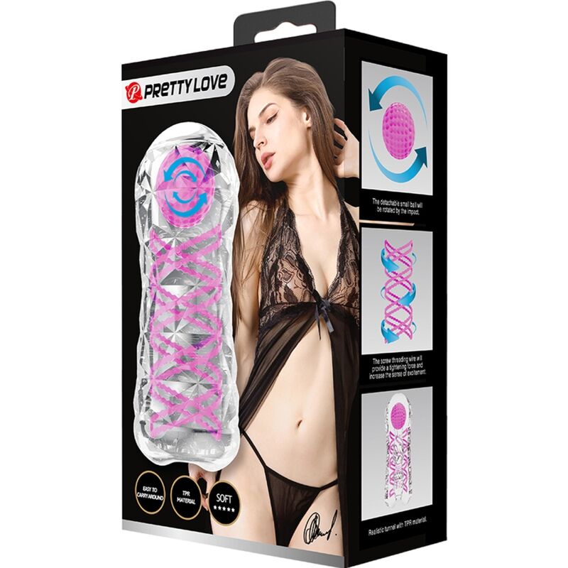 Masturbador masculino Pretty Love Fantasy con espiral interna y bolas transparentes, textura realista para placer íntimo.