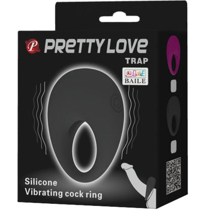 Anillo vibrador negro de la marca Pretty Love Male, diseñado para estimulación y placer, con un acabado suave y detalles en la imagen.