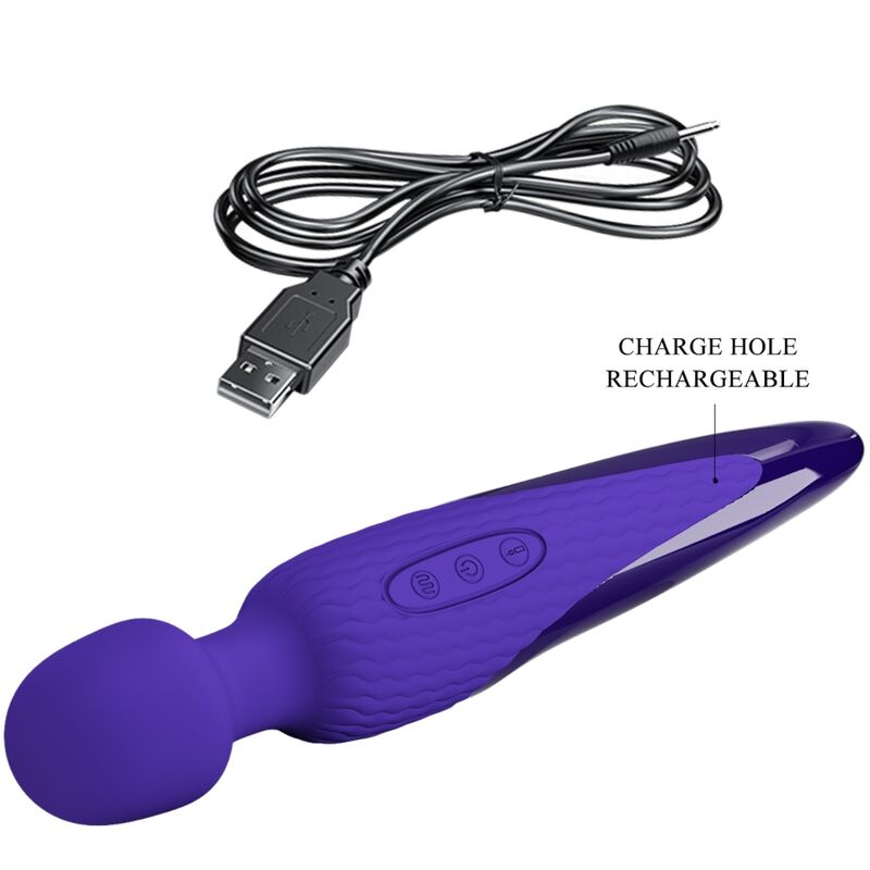 Vibrador wand PRETTY LOVE YOUTH Antony efecto calor en color violeta sobre fondo neutro.