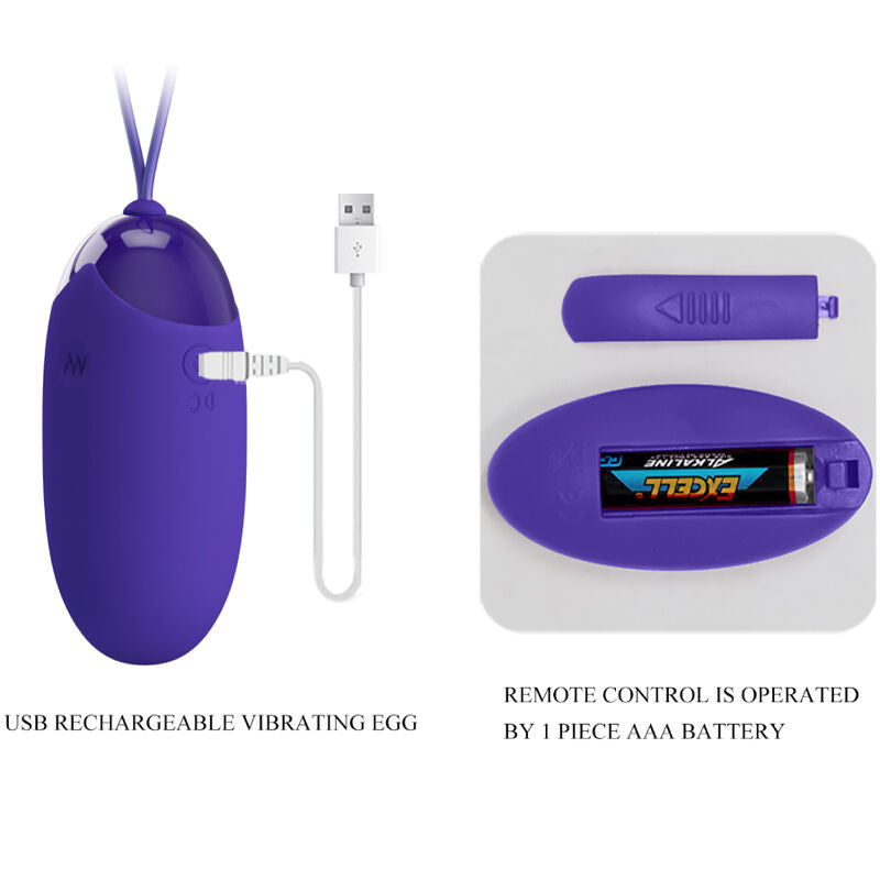 Vibrador control remoto Pretty Love Youth Berger en color violeta, con forma de huevo y diseño ergonómico para uso íntimo.