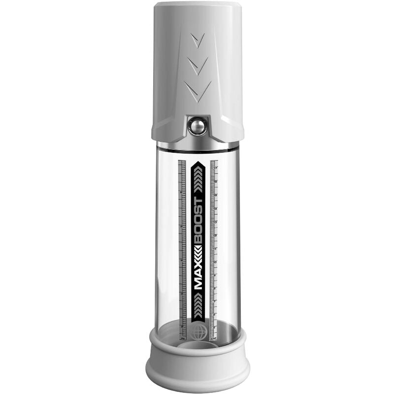 Bomba de erección PUMP WORX Max Boost blanca, con diseño compacto y control de presión para uso en pareja.