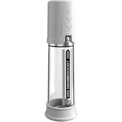 Bomba de erección PUMP WORX Max Boost en color blanco, dispositivo de estimulación sexual para uso íntimo.