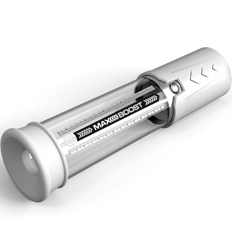 Bomba de erección PUMP WORX Max Boost blanca, de tamaño compacto y diseño ergonómico, diseñada para mejorar la experiencia sexual.