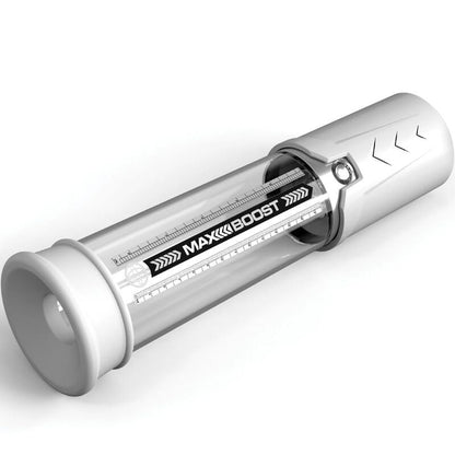 Bomba de erección PUMP WORX Max Boost blanca, de tamaño compacto y diseño ergonómico, diseñada para mejorar la experiencia sexual.