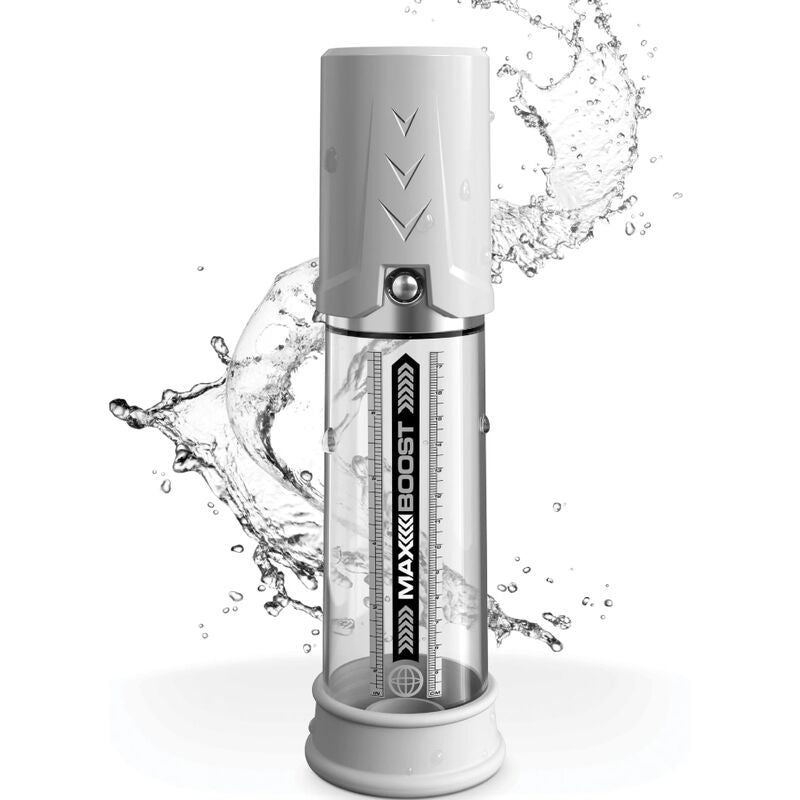 Bomba de erección PUMP WORX Max Boost en color blanco, diseñada para mejorar el rendimiento y la satisfacción.